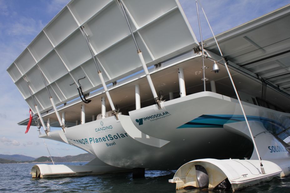 The boat is completely powered by photovoltaic cells which produce around 94 kilowatts of power on a sunny day.
