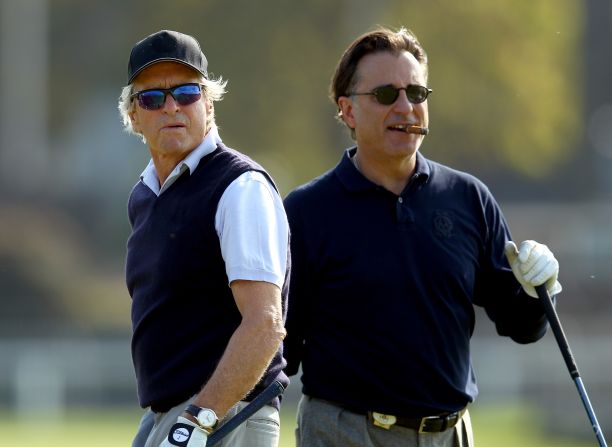 Michael Douglas and Andy Garcia take to world golf's oldest and arguably greatest stage as they practise on the Old Course at St. Andrews, Scotland in preparation for the Alfred Dunhill Links Championships.