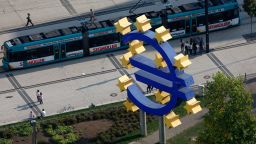 The symbol of the European common currency, the Euro stands next to the headquarters of the European Central Bank (ECB) on September 27, 2011 in Frankfurt.