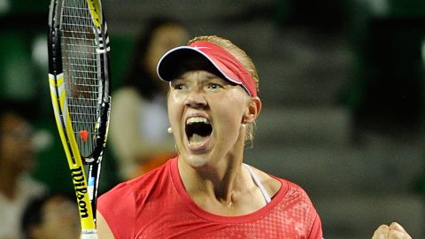 Kaia Kanepi celebrates her first-ever victory over Caroline Wozniacki in the Pan Pacific Open