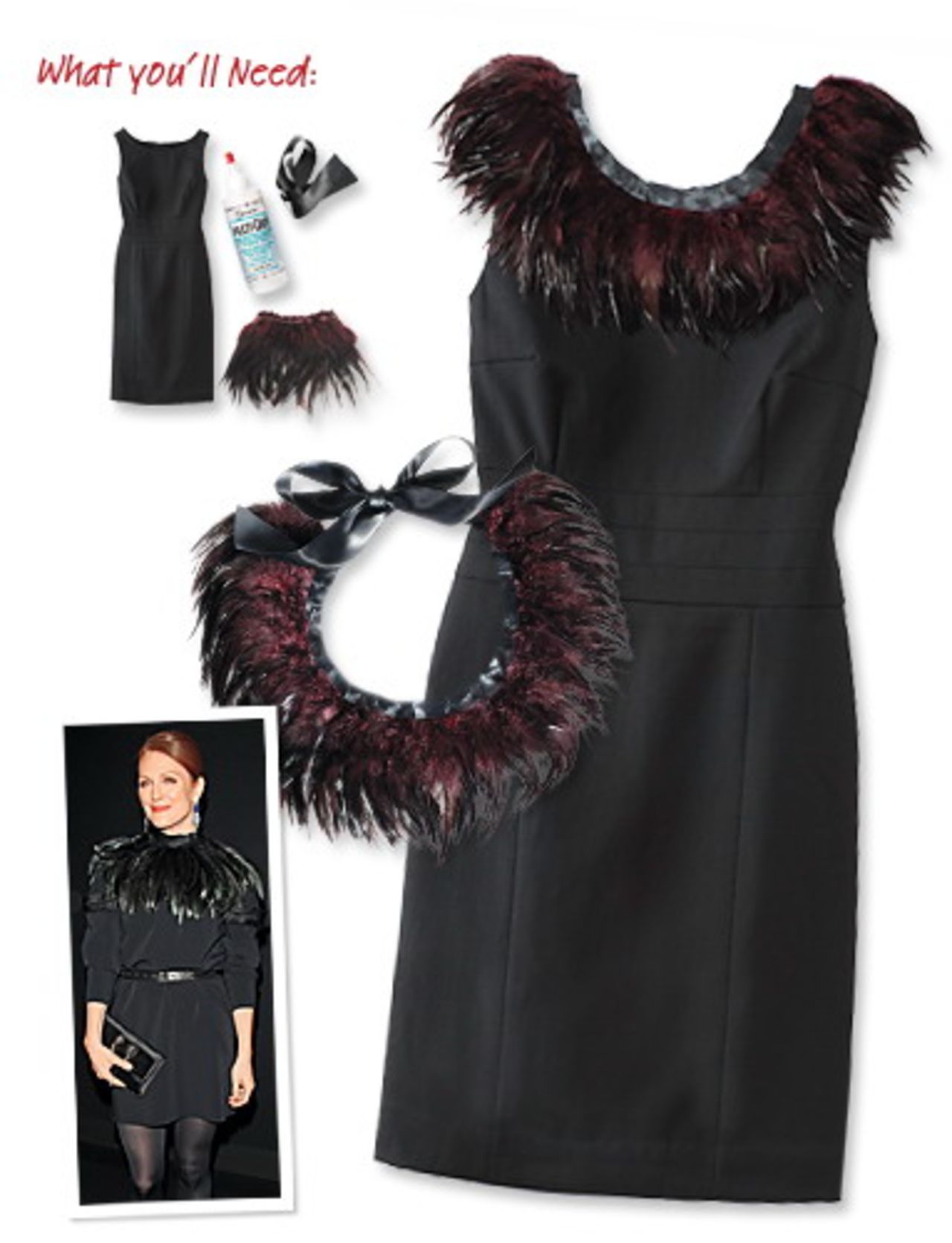 Feather-collared little black dress, inspired by Julianne Moore