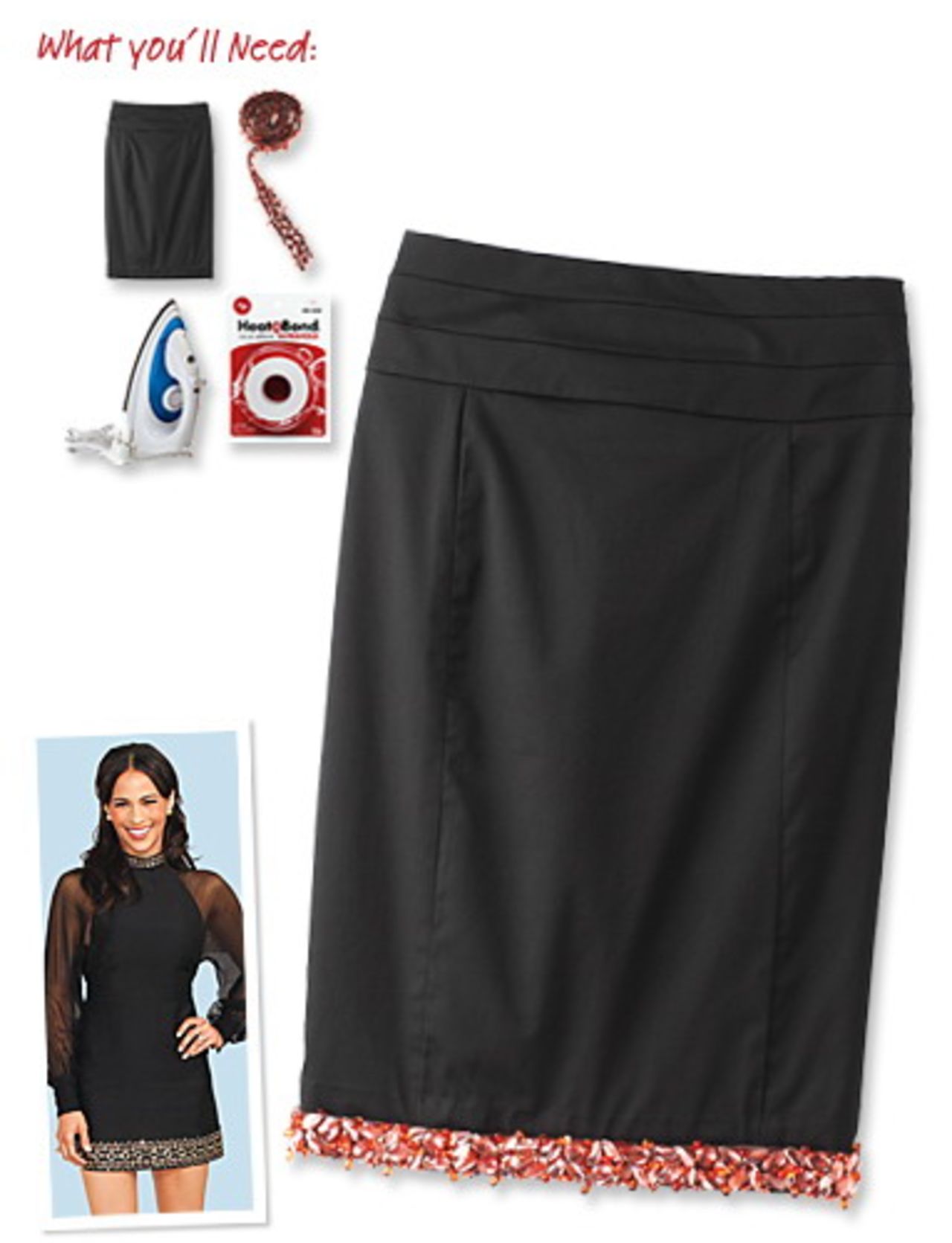 Jewel-lined pencil skirt, inspired by Paula Patton.
