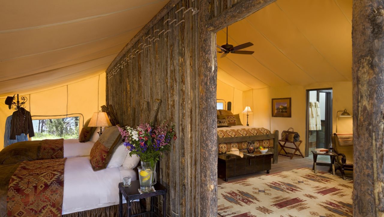 At Paws Up, two-bedroom tents have a rustic lodge feel.