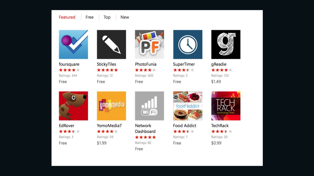 Apps are organized into one of 16 categories, and on the main page you can also browse by featured, free, top or new.