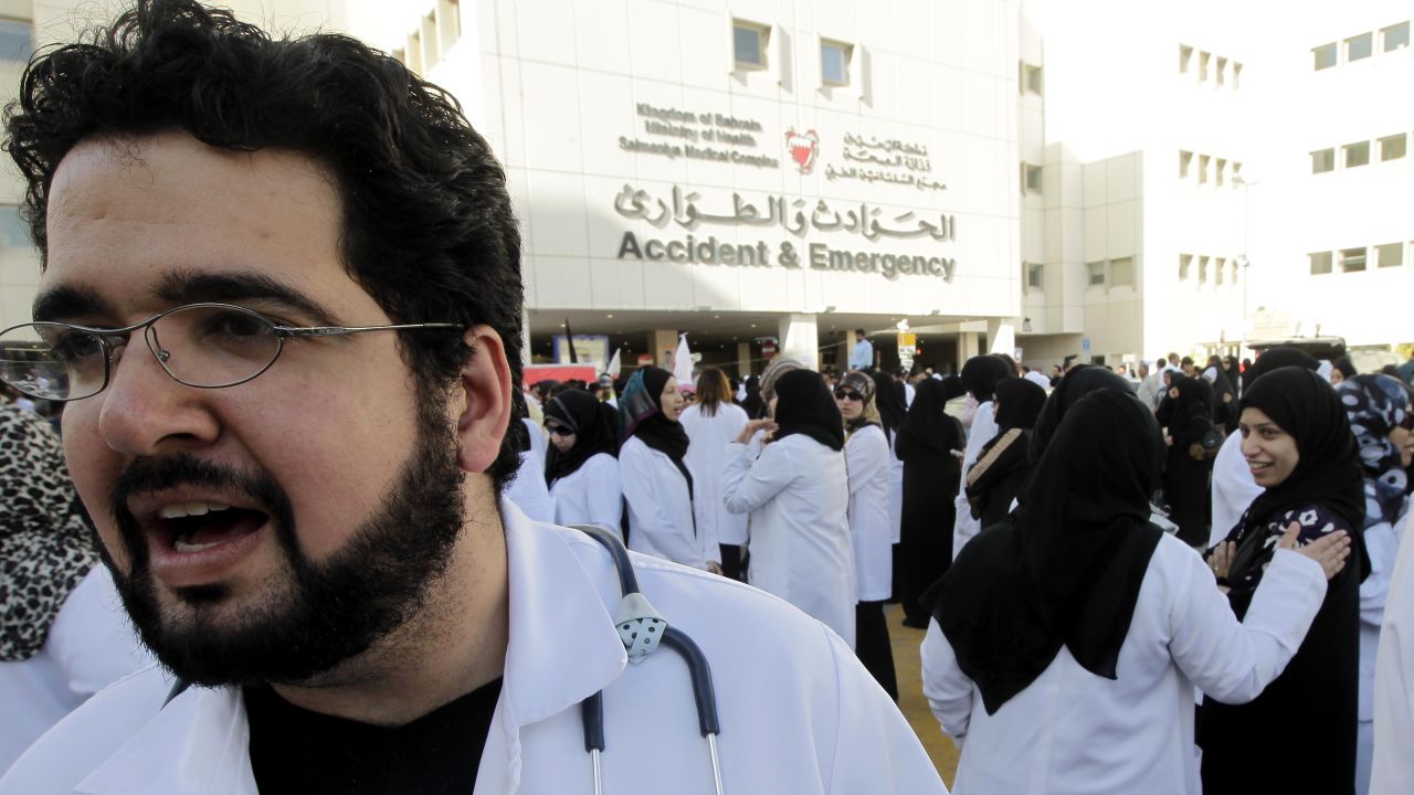 Doctors and nurses gathered outside the Salmaniya medical complex before marching towards Pearl Square in February. 