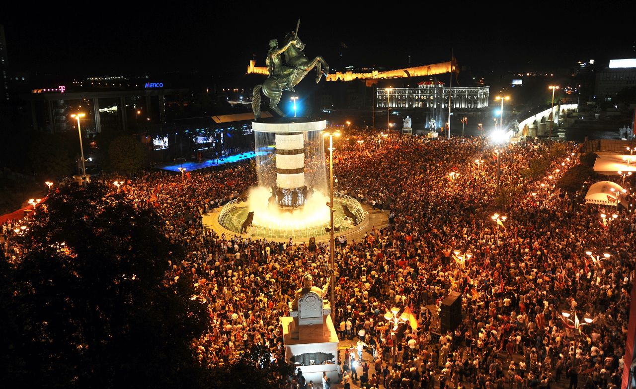 The newly unveiled statue of Alexander the Great in central Skopje's Macedonia Square.