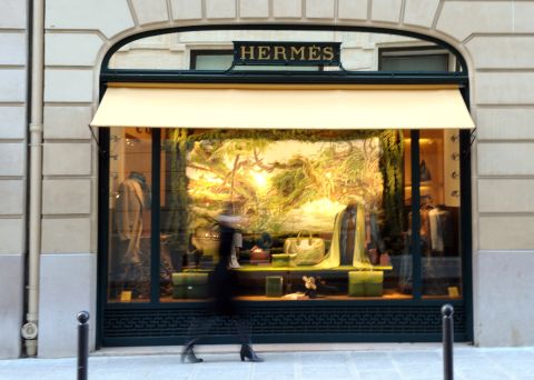 The facade of French luxury brand Hermes' store in the upmarket Left Bank district of Paris.