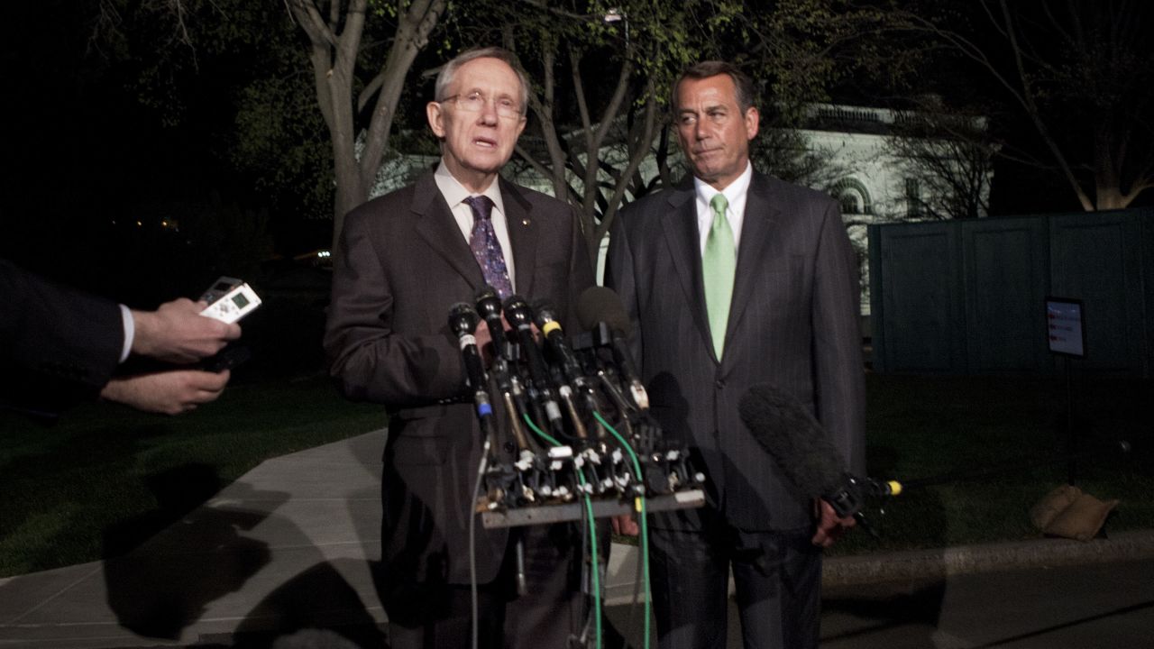 Senate Majority Leader Harry Reid and Speaker of the House John Boehner talk to the media about a budget stalemate in April.