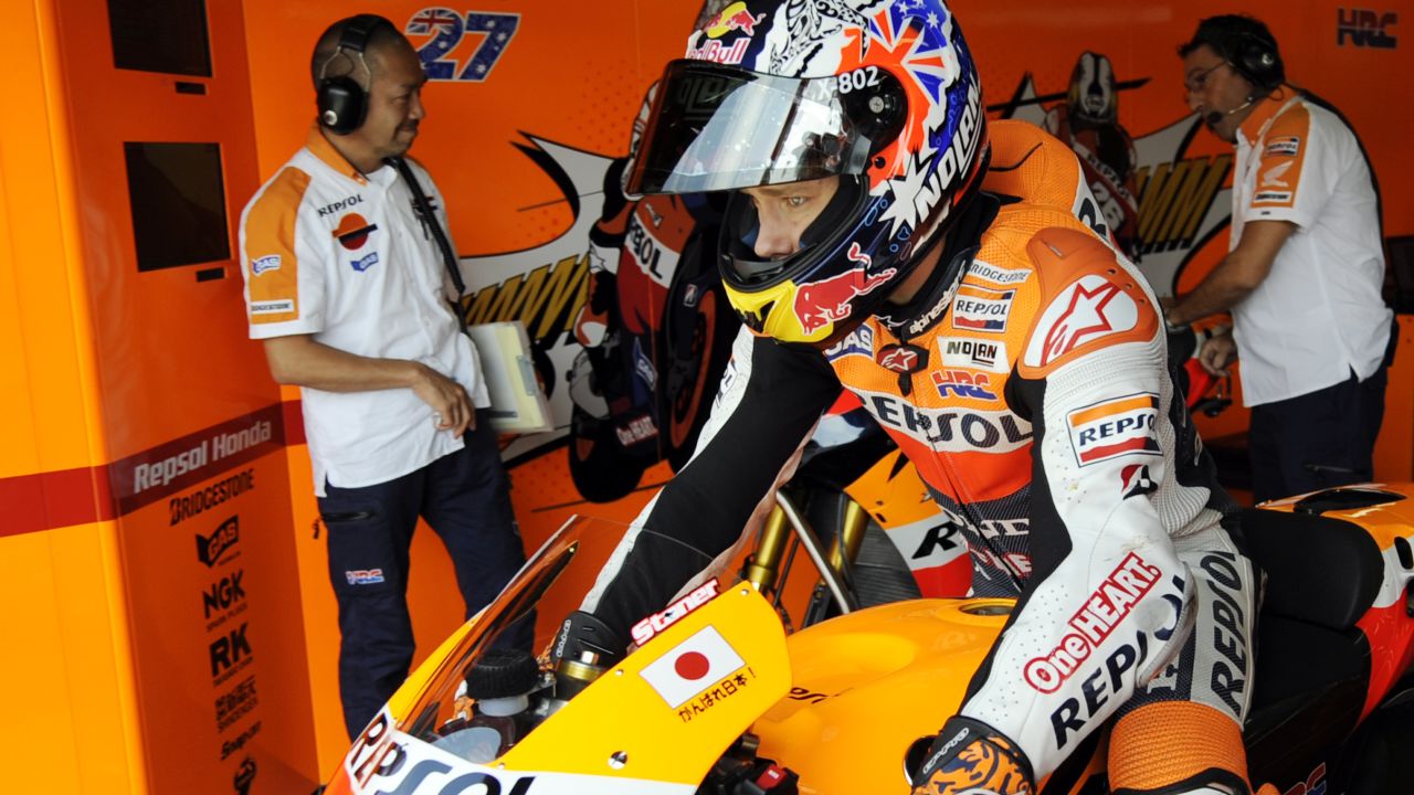 Casey Stoner takes out his Repsol Honda bike on the first day of practice for the Japanese MotoGP 