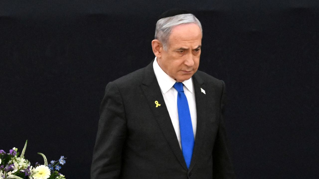 Israeli Prime Minister Benjamin Netanyahu leaves the stage after speaking at a ceremony for Remembrance Day for the Fallen of Israel’s Wars and Victims of Terrorism at Yad LeBanim in Jerusalem on May 12. 