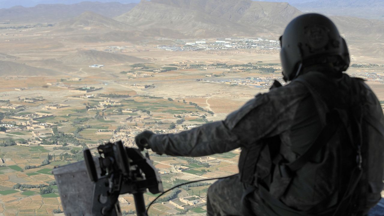 A U.S. military helicopter flies over the Paktiya province of Afghanistan in July.
