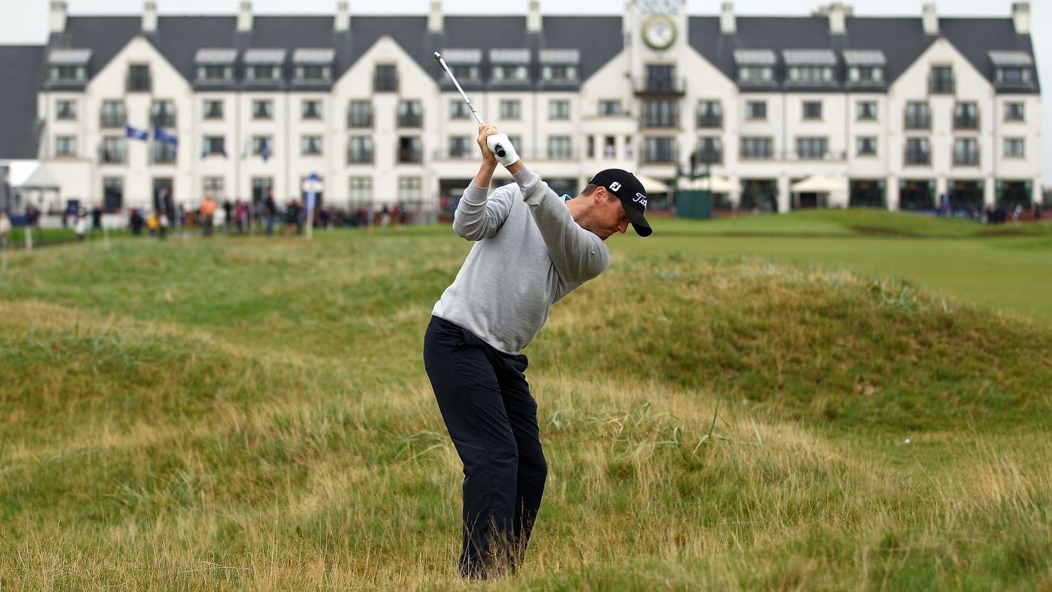 Northern Ireland's Michael Hoey plays his second shot to the 18th green at the Carnoustie Golf Links.