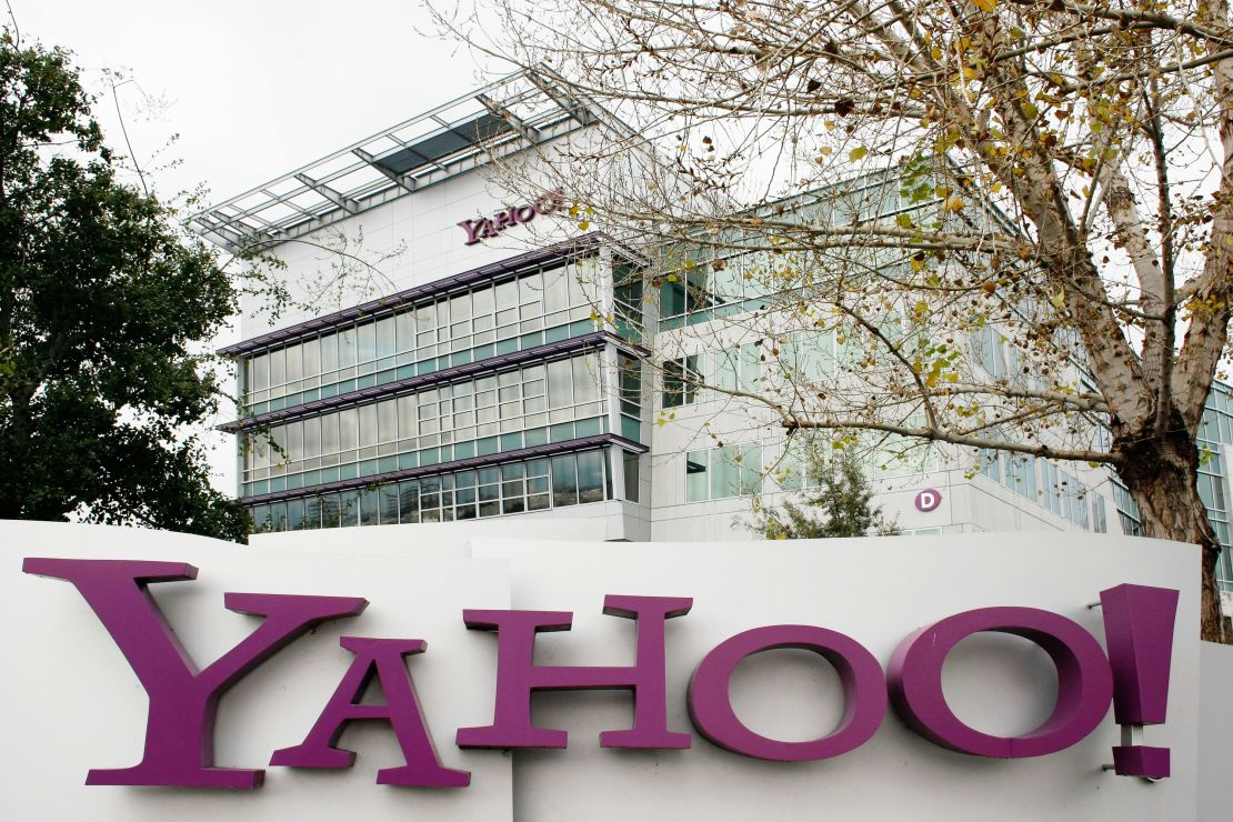 The current Yahoo logo sits on a sign outside its campus in Sunnyvale, California.