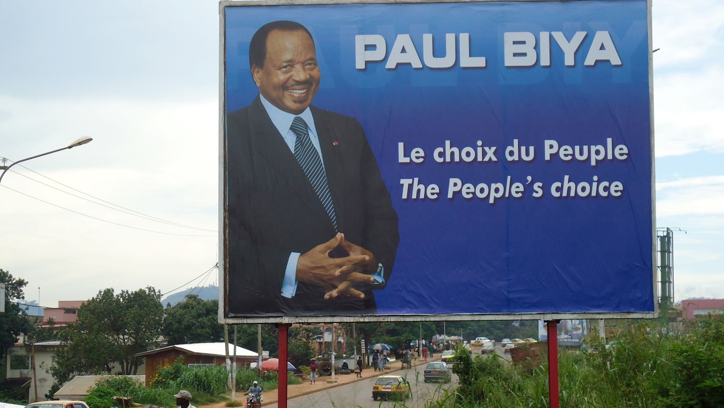 An election sign showing current Cameroon President Paul Biya on display in Yaounde