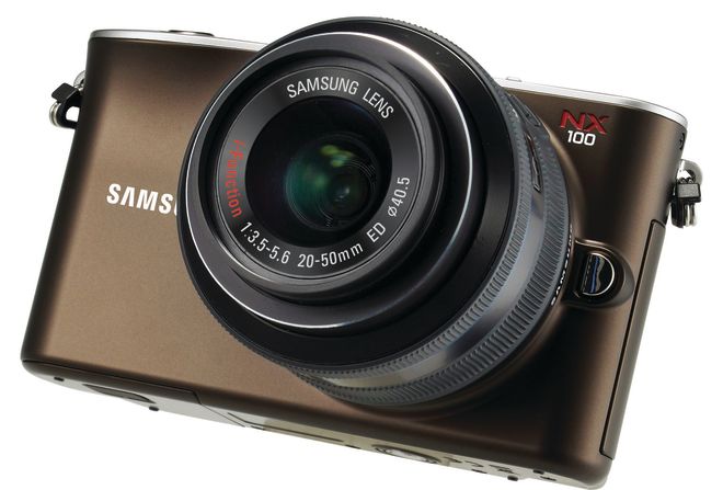 With its narrow and rounded brushed-metal body, the Samsung NX100 has a sizable (three-inch) touch screen, as well as compatibility with third-party accessories, including external flashes and microphones. There's no built-in image stabilization, however, so novice shooters should look for lenses with that feature. $550.