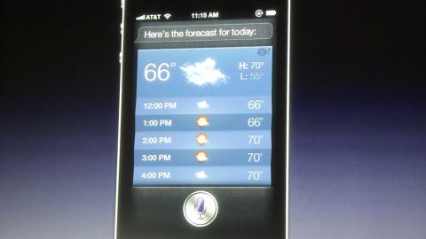 Apple demonstrates on an iPhone 4S how a verbal request to Siri about the weather will return a forecast.