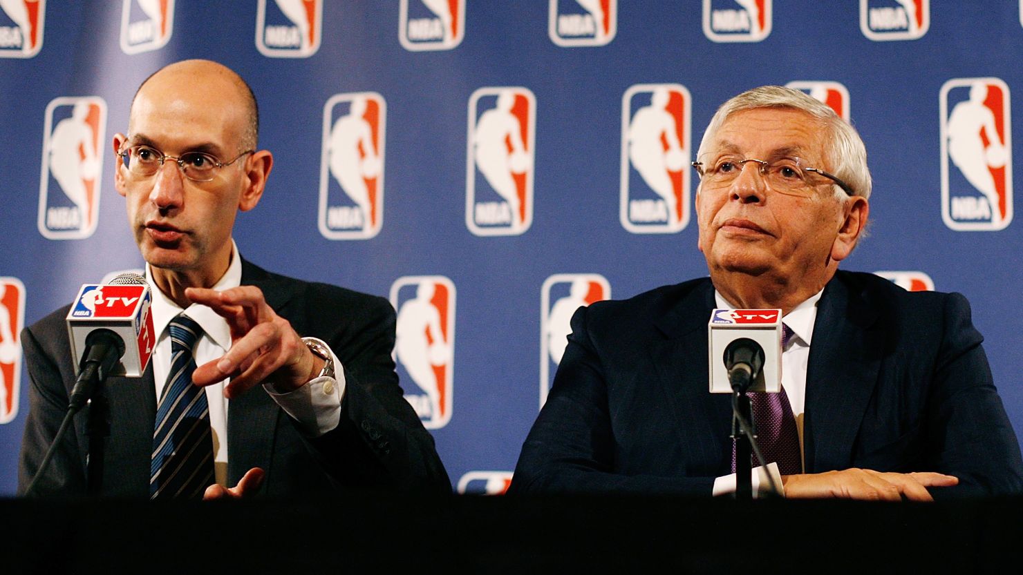 NBA Deputy Commissioner Adam Silver, left, and Commissioner David Stern speak at a press conference after NBA labor negotiations in New York on Tuesday, October 4, 2011.