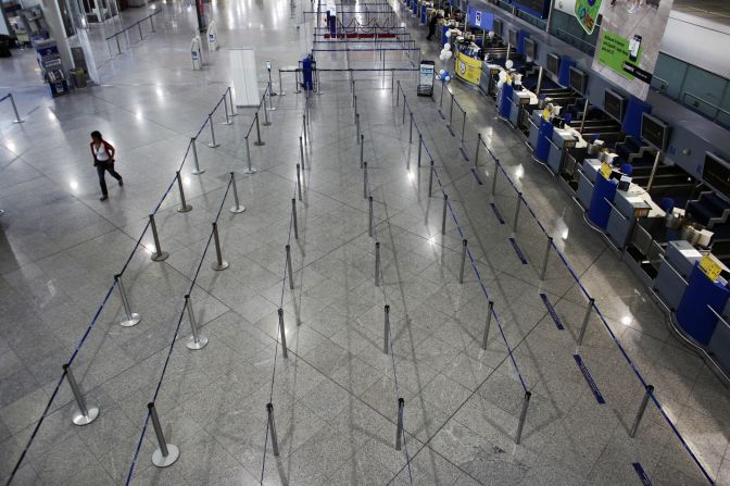 The 24-hour general strike leaves Athens International Airport looking deserted Wednesday.