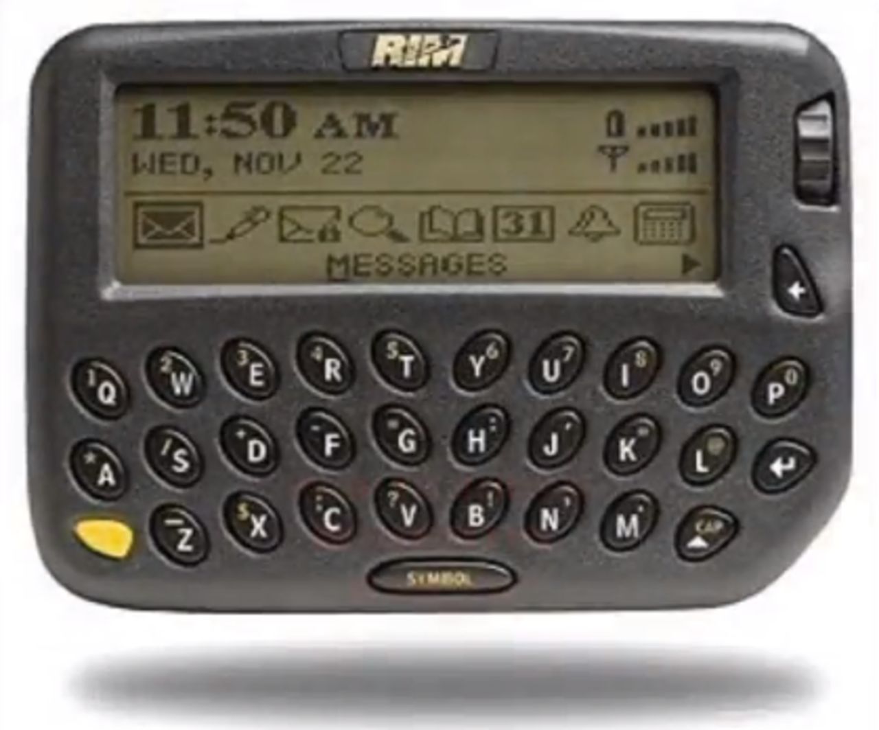 The first BlackBerry phone was released by RIM Corporation in 1999. The phone was unusual at the time in that it had a full keyboard, could access e-mail and was used as a personal planner. It was the beginning of the always-connected era, prompting PC World in 2005 to name it the 15th greatest gadget of the past 50 years. It's now known as a "CrackBerry" by corporate executives across the world for its addictive qualities. 