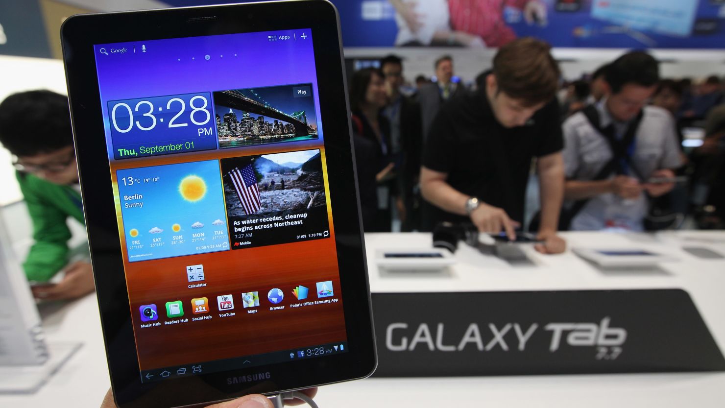A Samsung Galaxy Tab 7.7 tablet on display at a trade fair in Germany. 