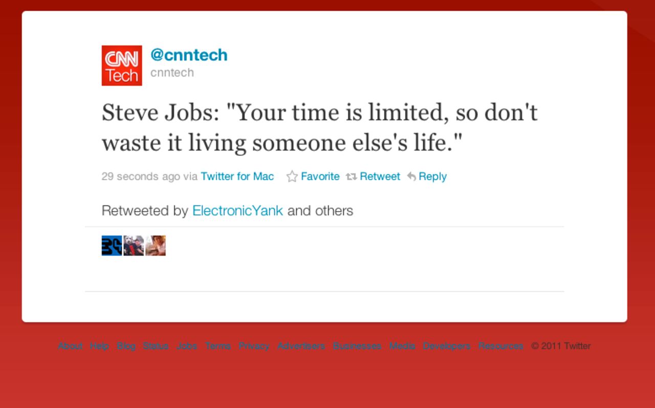 Perhaps it's natural that Twitter, a place first adopted by techies, would be particularly affected by the death of Apple co-founder Steve Jobs. On October 25, 2011, the day Jobs died, Twitter feeds filled with memorials, including the resurfacing of many of his quotes.