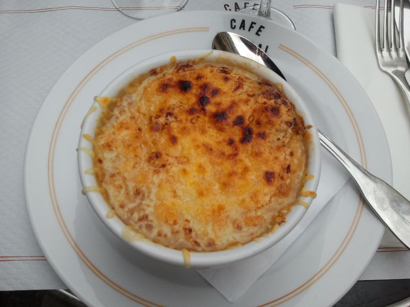 Onion soup served at a bistro on Rue Cler.