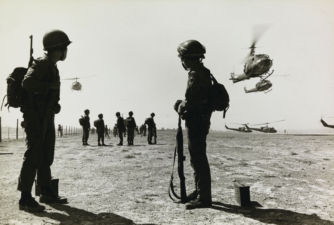 Don McCullin's first photograph of the Vietnam War: South Vietnamese soldiers wait for helicopter transport at a Landing Zone in the Mekong Delta, Vietnam.