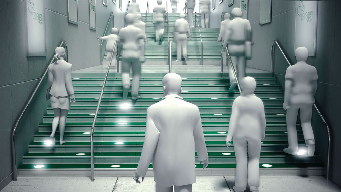 A computer generated image showing PaveGen slabs installed on a subway staircase