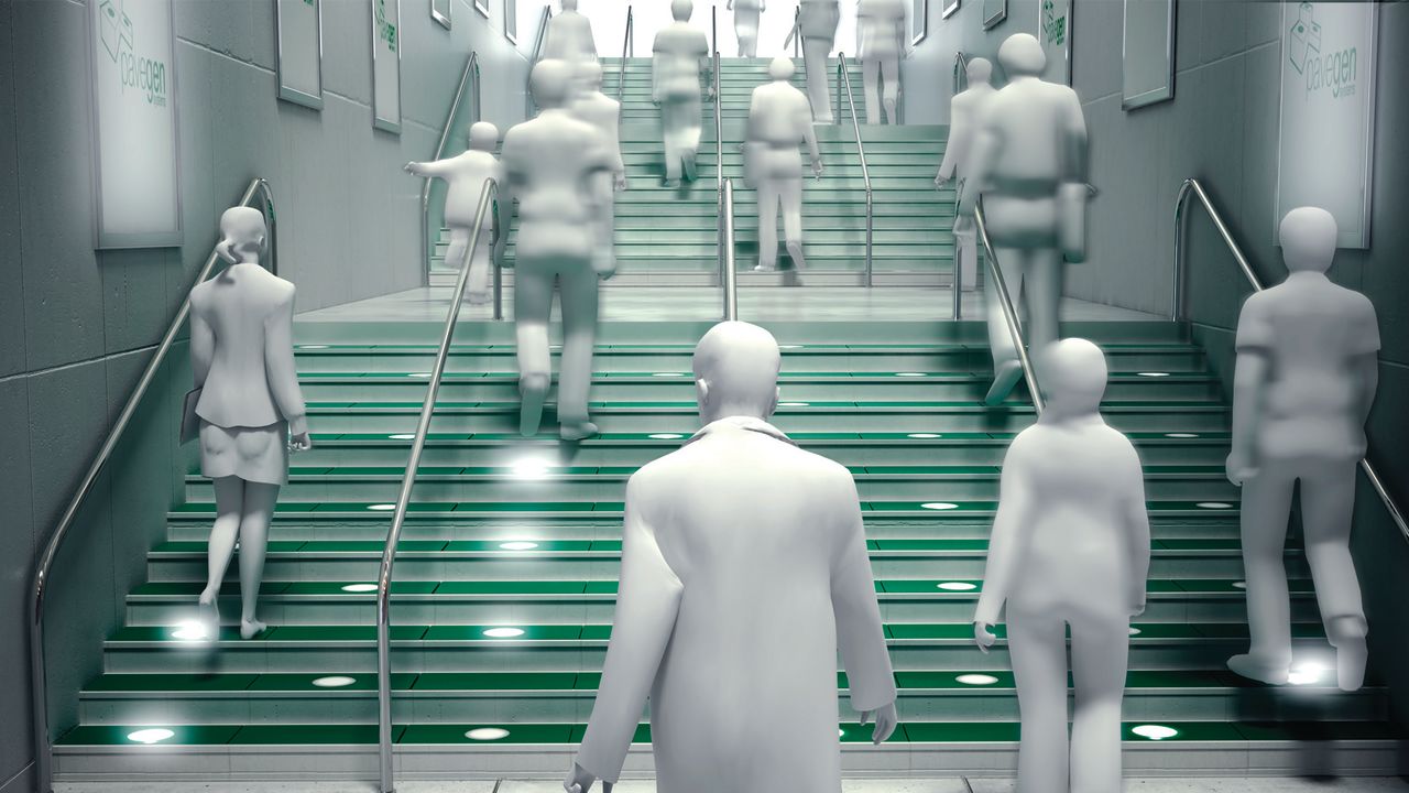 A computer generated image showing PaveGen slabs installed on a subway staircase