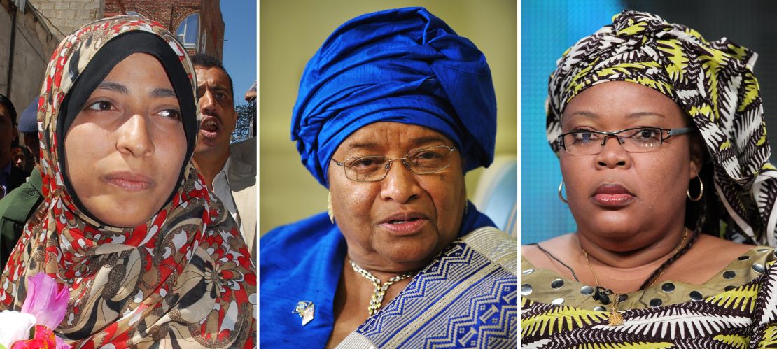 Activist Tawakkul Karman of Yemen, Liberian President Ellen Johnson Sirleaf and Liberian activist Leymah Gbowee share the 2011 Nobel Peace Prize.