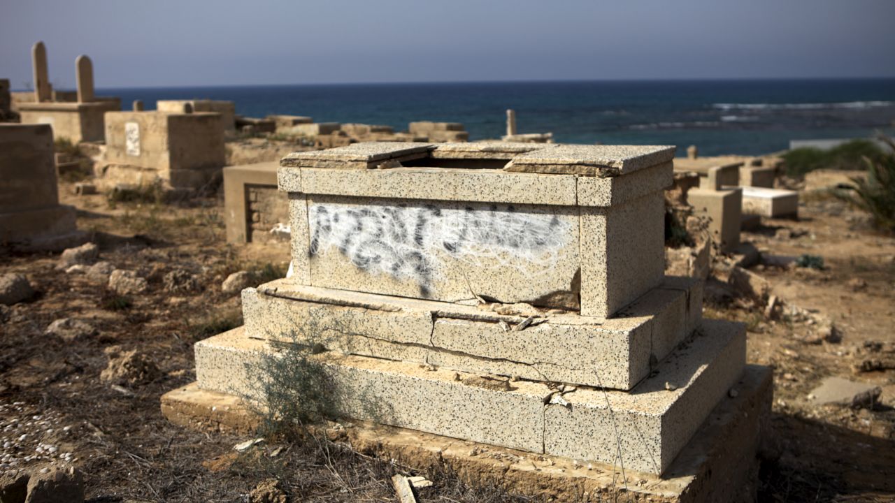 The words "death to all Arabs" are sprayed on this tombstone in the Muslim cemetery in Jaffa, Israel.