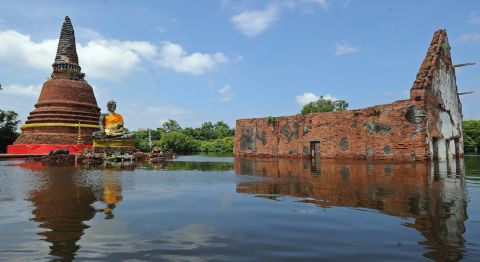 One of a number of UNESCO World Heritage sites in Ayutthaya province is inundated by floodwaters on October 10, 2011.    