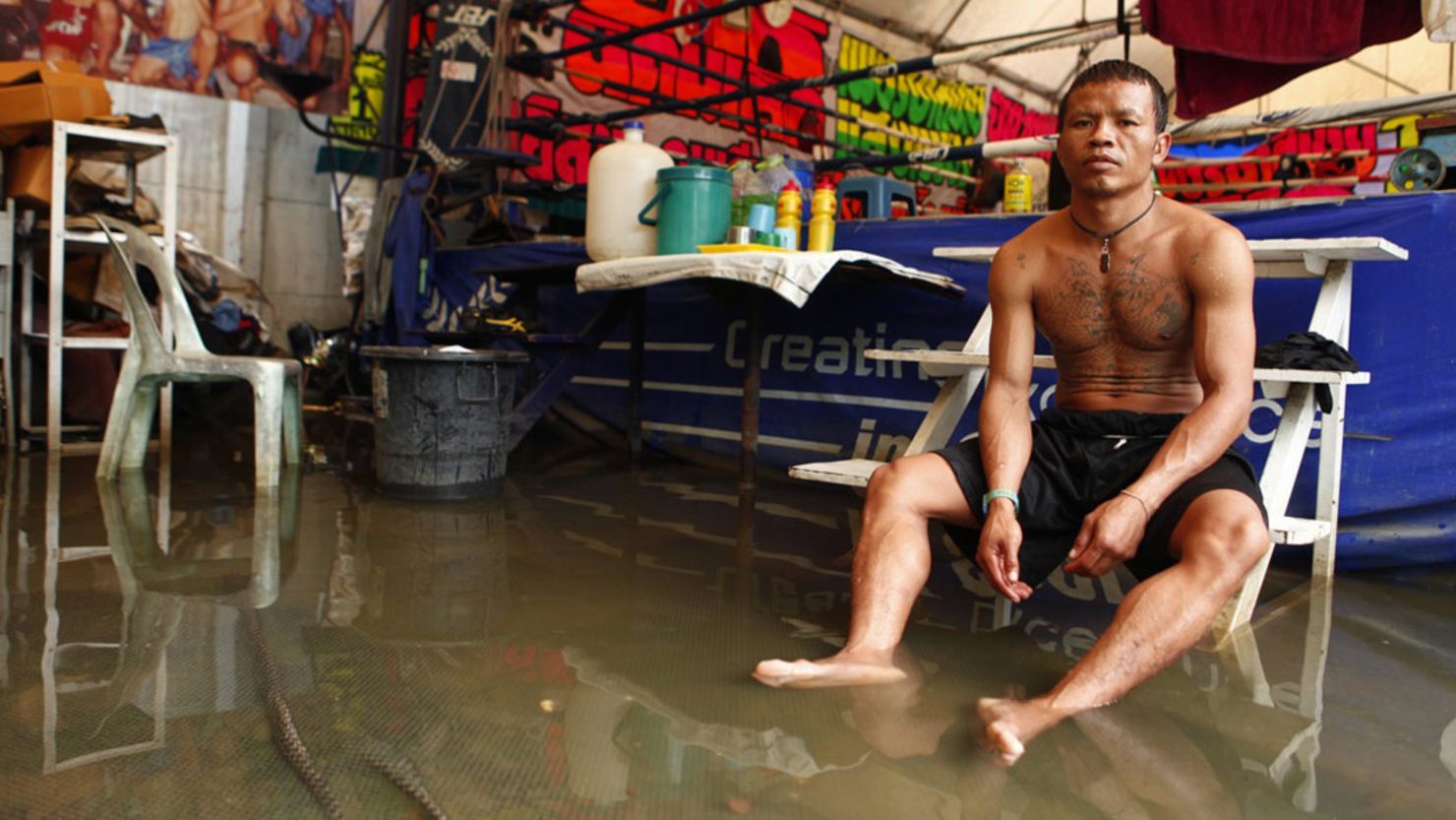 Bangkok Muay Thai fighter Jaroensak Sorwapin says his gym has been dealing with floods for about a month. 