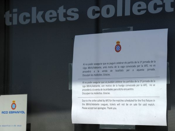 Espanyol football club tell fans that tickets are not for sale during the Spanish players' strike earlier this year. The 2011-12 La Liga season was delayed after players went on strike over unpaid wages.