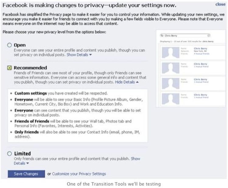 Facebook introduced instant personalization, which gave partner  websites information about users so they could personalize your experience. Advocacy groups like the ACLU reacted negatively to the new feature, saying users should have to opt in instead of getting the setting by default. Under pressure, Zuckerberg tweaked Facebook's settings to give users greater control over privacy.