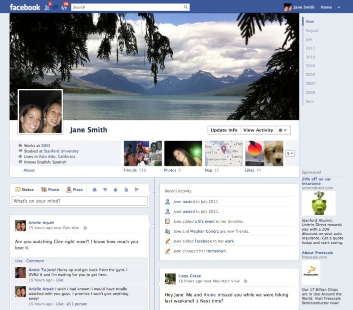 In the spring of 2012, Facebook forced all users to convert to its Timeline profile layout, which arranged updates in chronological order, searchable by year. 