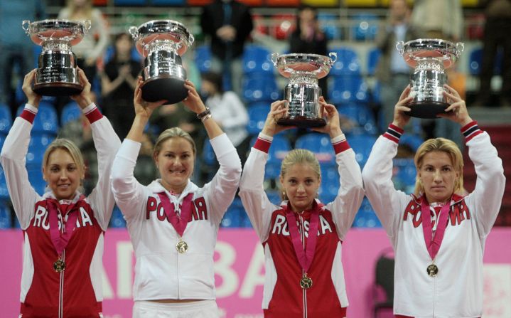 From left: Elena Vesnina, Petrova, Chakvetadze and Kuznetsova helped Russia win the Fed Cup team event for the third time in 2007, beating Italy 4-0 in the final in Moscow. Russia also won the 2008 final, this time without Chakvetadze.  