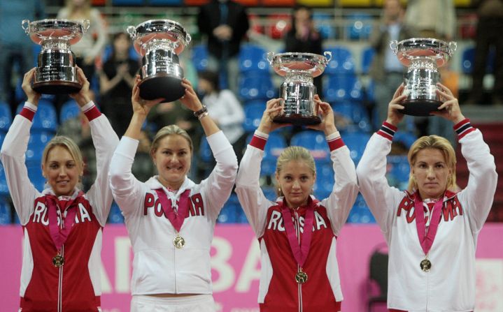 From left: Elena Vesnina, Petrova, Chakvetadze and Kuznetsova helped Russia win the Fed Cup team event for the third time in 2007, beating Italy 4-0 in the final in Moscow. Russia also won the 2008 final, this time without Chakvetadze.