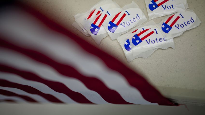 "I Voted" stickers are shown on a polling place table November 2, 2010 at St. Luke's Lutheran Church in Reno, Nevada.