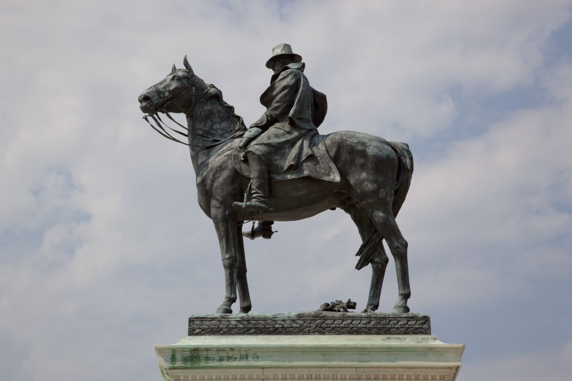 Ulysses S. Grant forever sits astride his favorite horse, Cincinnatus. There are reliefs of two infantry groups on the pedestal for the statue of the 18th U.S. president and commander of Union forces in the Civil War.
