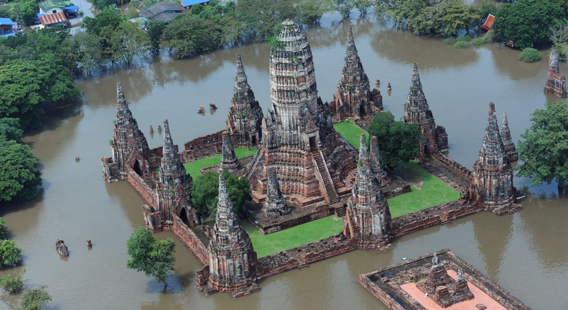 An aerial picture shows a flooded temple in the ancient Thai capital of Ayutthaya on October 11, 2011. 