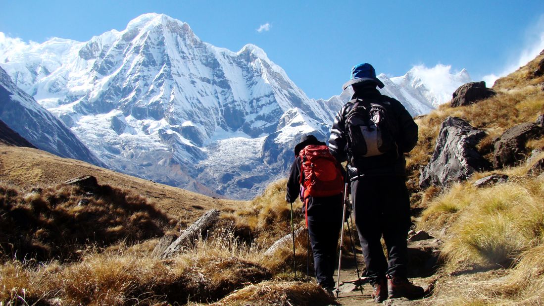 iReporter Udayan Mishra captures trekkers as they walk their final steps to reach Annapurna base camp in Nepal.