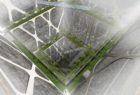 A central void running throughout the inverted pyramid is intended to allow for natural light and ventilation. The plans include a series of "earth lobbies" that would store plants and trees to in an effort to improve air quality.