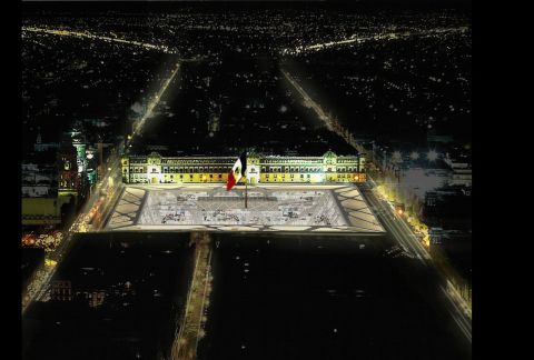 A night-time view of Mexico City's central plaza, commonly known as the "Zocalo," re-envisaged to incorporate the "Earthscraper."