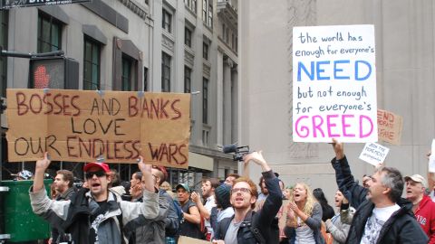 Protesters in the Occupy Wall Street movement rally in downtown Manhattan