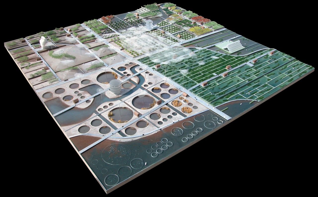 New climate zones and landscapes would be created based on the type of food produced, such as risotto rice on water terraces, tilapia fish in basins, and kiwis and avacodos along undulating fruit walls.