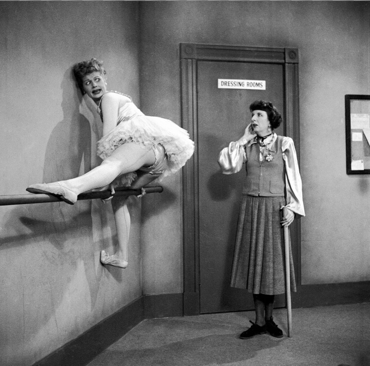 Madame Lemonde, played by Mary Wickes, looks bewildered as Lucy gets stuck on a ballet barre in the same episode. Ball, who starred in several films and musicals before the debut of her show, actually had dance experience.