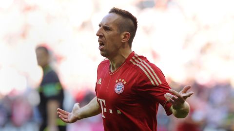 Franck Ribery celebrates his goal in Bayern Munich's 4-0 rout of Hertha Berlin.