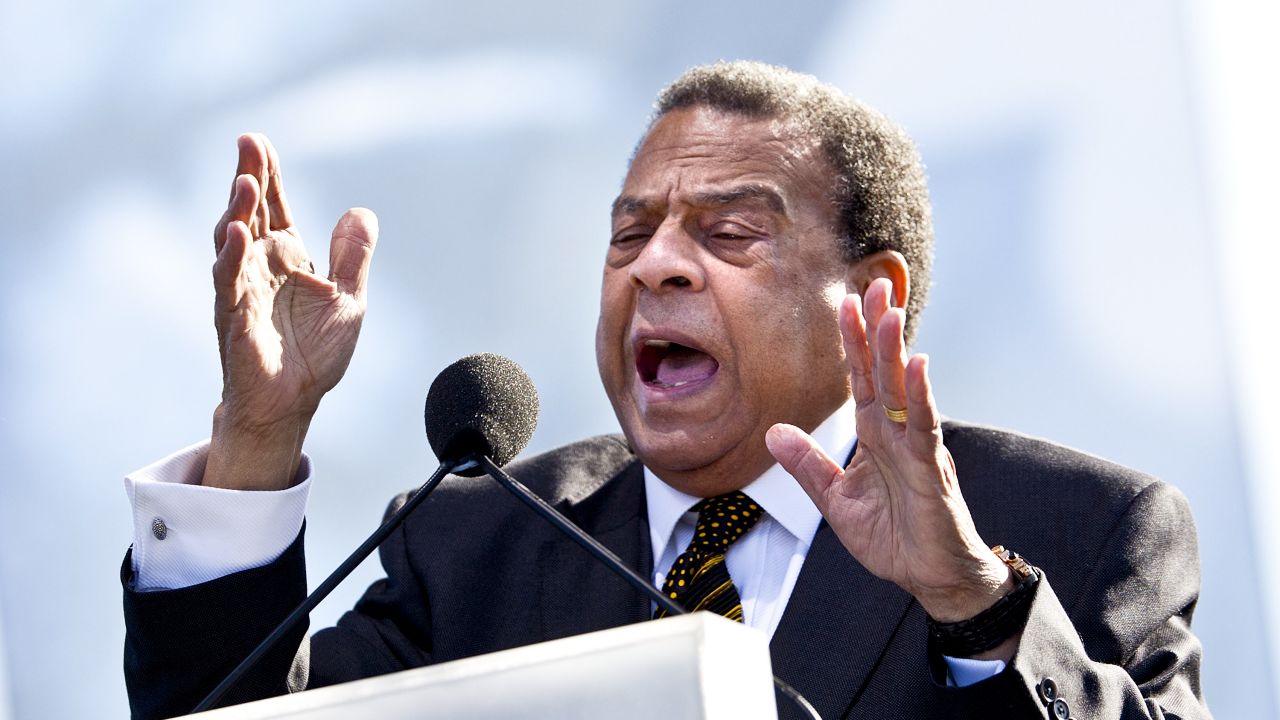 Andrew Young speaks during a dedication ceremony at the Martin Luther King Memorial on the National Mall October 16, 2011, in Washington, DC. (Photo by Brendan Smialowski/Getty Images)