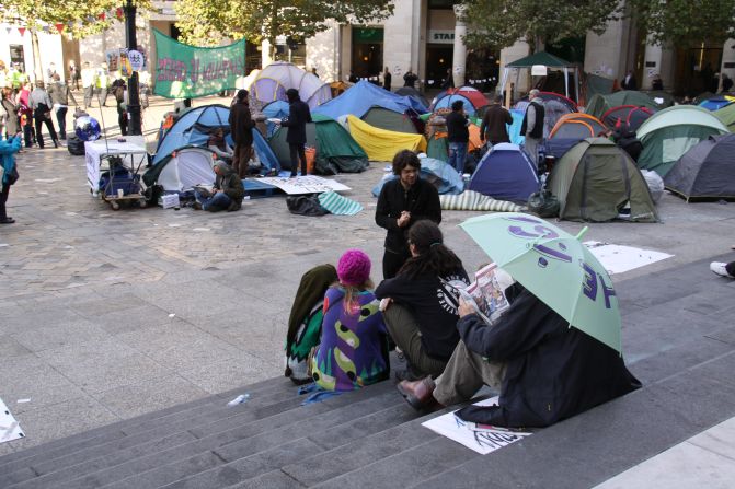 Members of the Occupy London group have come well prepared for the chilly British weather.